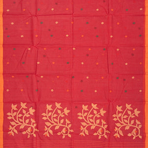 Red Handloom Dhakai Cotton Saree With Geometric Motifs-Red