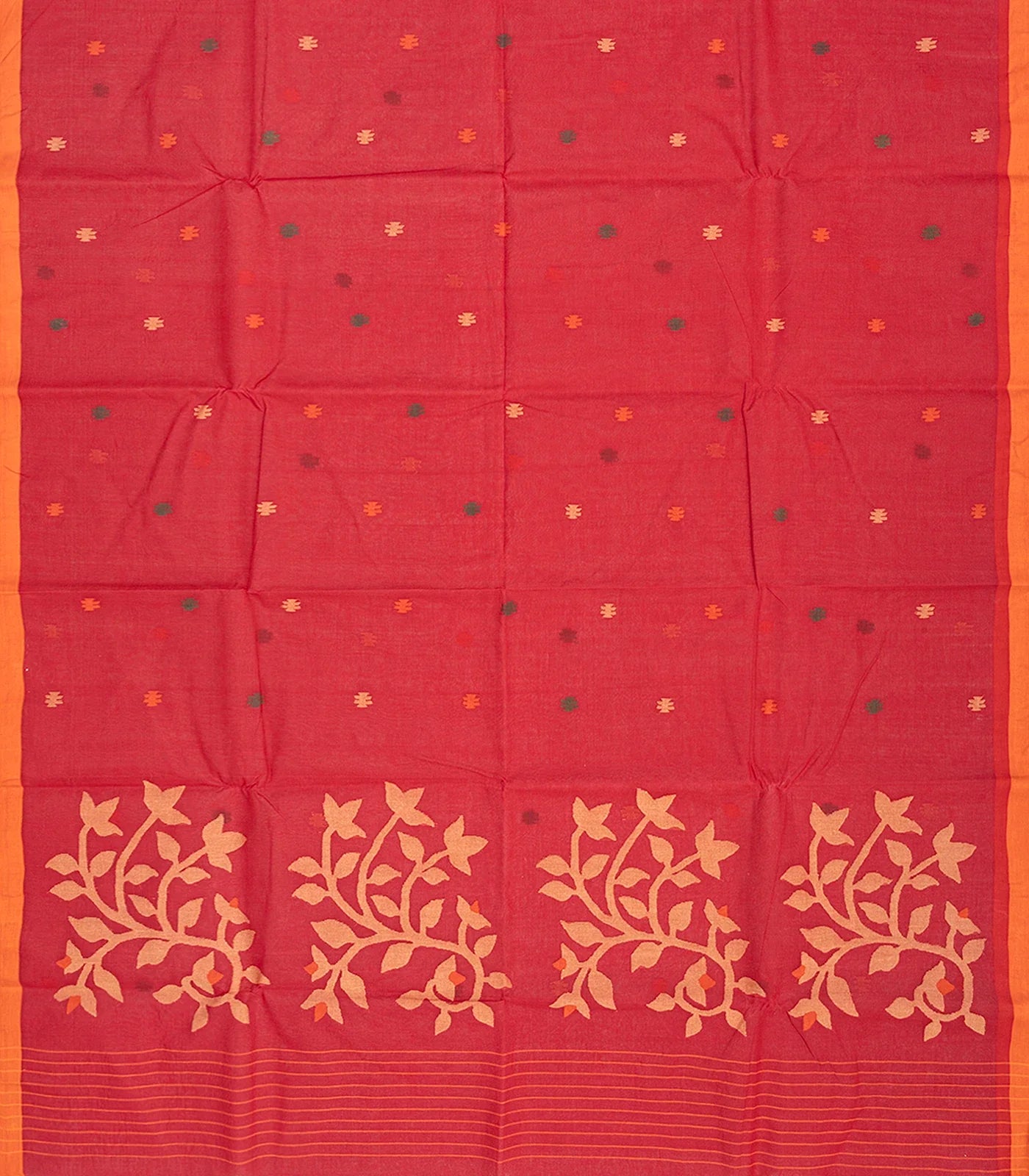 Red Handloom Dhakai Cotton Saree With Geometric Motifs-Red