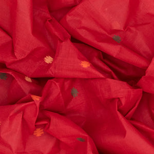 Red Handloom Dhakai Cotton Saree With Geometric Motifs-Red