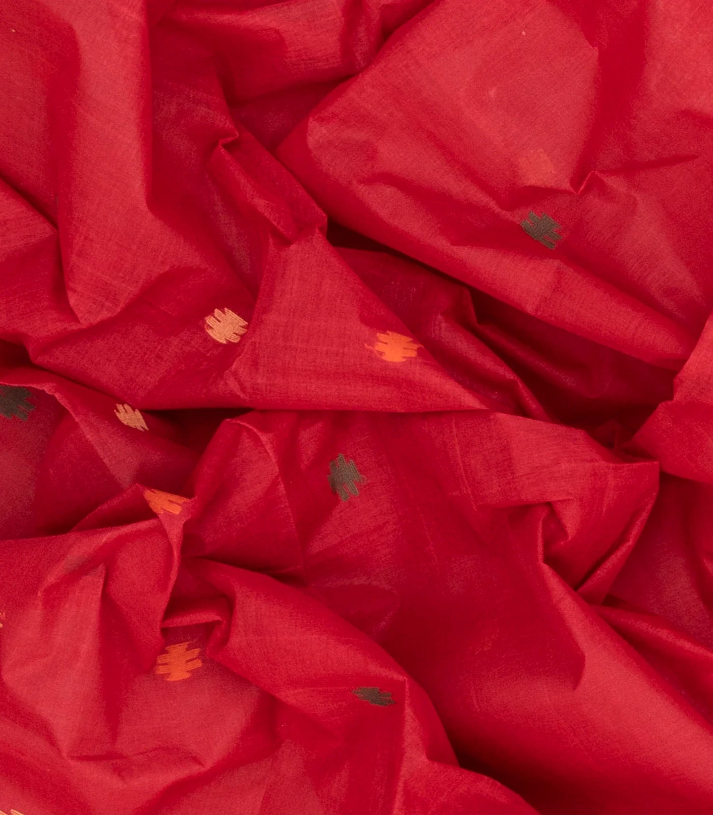 Red Handloom Dhakai Cotton Saree With Geometric Motifs-Red