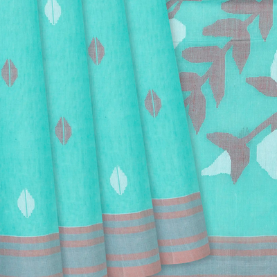 Turquoise Handloom Dhakai Cotton Saree With Buttas-Turquoise