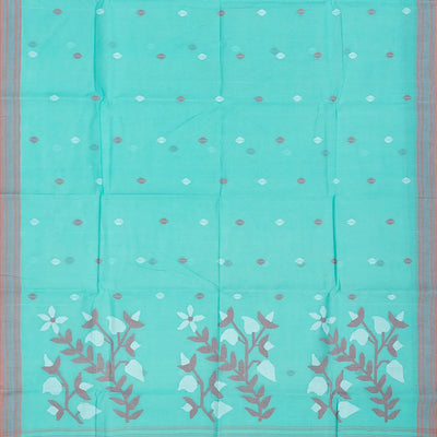 Turquoise Handloom Dhakai Cotton Saree With Buttas-Turquoise