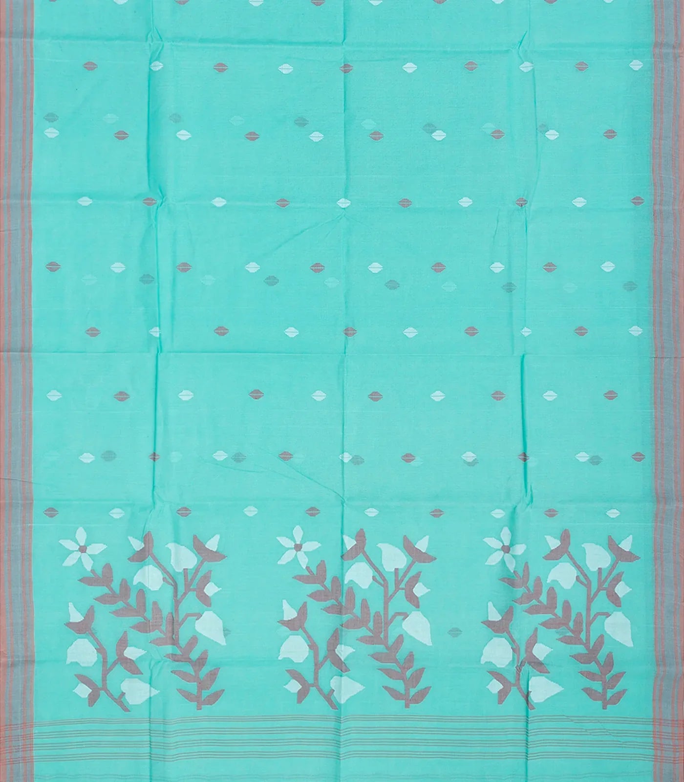 Turquoise Handloom Dhakai Cotton Saree With Buttas-Turquoise