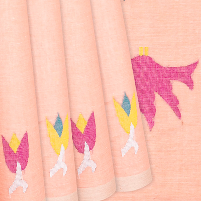 Light Peach Handloom Dhakai Cotton Saree With Floral Motifs-Light Peach