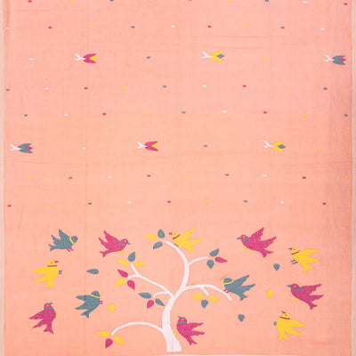 Light Peach Handloom Dhakai Cotton Saree With Floral Motifs-Light Peach