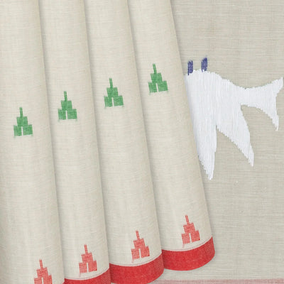 Cream Handloom Dhakai Cotton Saree With Temple Motifs-Cream