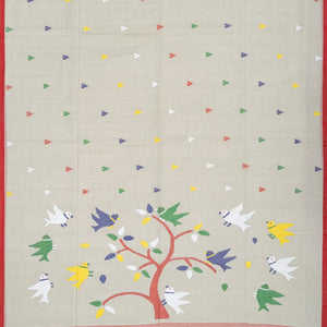 Cream Handloom Dhakai Cotton Saree With Temple Motifs-Cream