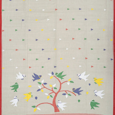 Cream Handloom Dhakai Cotton Saree With Temple Motifs-Cream