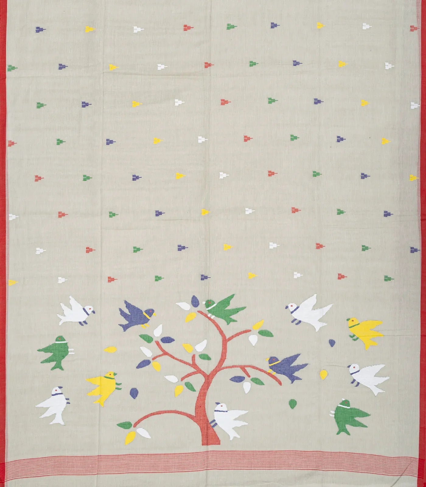 Cream Handloom Dhakai Cotton Saree With Temple Motifs-Cream