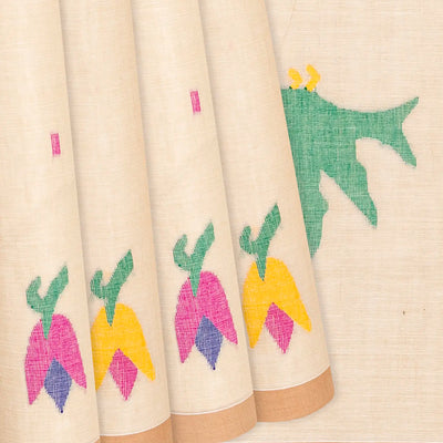 Cream Handloom Dhakai Cotton Saree With Floral Motifs-Cream