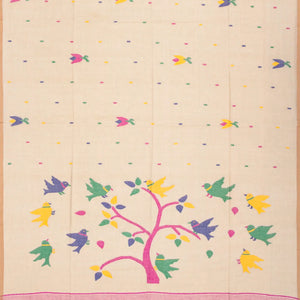Cream Handloom Dhakai Cotton Saree With Floral Motifs-Cream