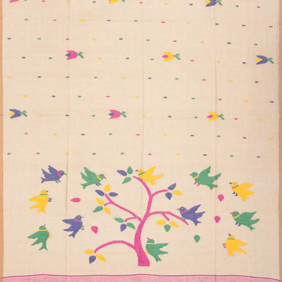 Cream Handloom Dhakai Cotton Saree With Floral Motifs-Cream