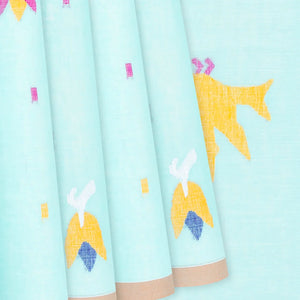Turquoise Handloom Dhakai Cotton Saree With Flower Motifs-Turquoise