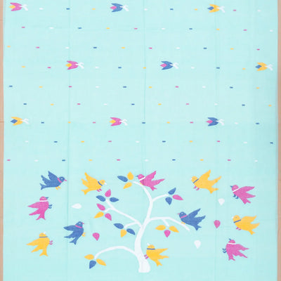 Turquoise Handloom Dhakai Cotton Saree With Flower Motifs-Turquoise
