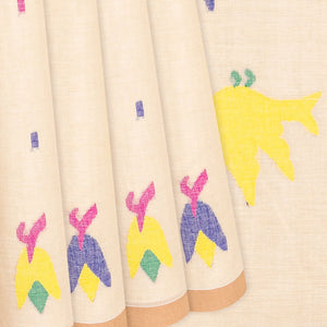 Cream Handloom Dhakai Cotton Saree With Flower Motifs-Cream