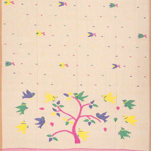 Cream Handloom Dhakai Cotton Saree With Flower Motifs-Cream