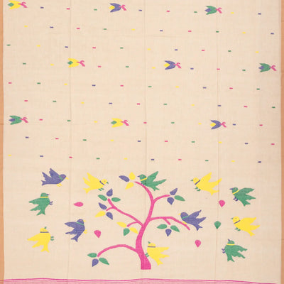 Cream Handloom Dhakai Cotton Saree With Flower Motifs-Cream