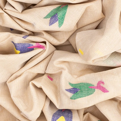 Cream Handloom Dhakai Cotton Saree With Flower Motifs-Cream