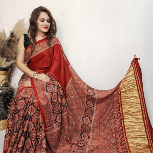 Fine Modal Silk Authetic Hand blocked Ajrakh Print Saree
