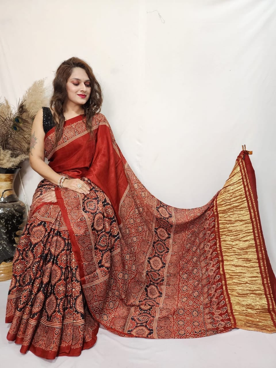 Fine Modal Silk Authetic Hand blocked Ajrakh Print Saree