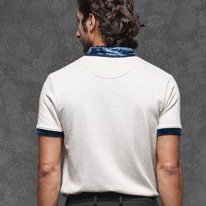 Rare Rabbit Men's Danil Off-White Cotton Fabric Contrast Detailing Velvet Collar And Sleeve Half Sleeve Polo T-Shirt