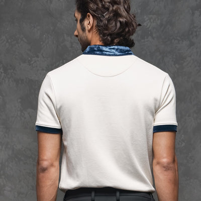Rare Rabbit Men's Danil Off-White Cotton Fabric Contrast Detailing Velvet Collar And Sleeve Half Sleeve Polo T-Shirt