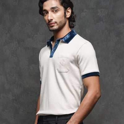 Rare Rabbit Men's Danil Off-White Cotton Fabric Contrast Detailing Velvet Collar And Sleeve Half Sleeve Polo T-Shirt