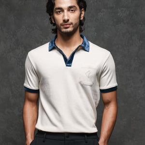 Rare Rabbit Men's Danil Off-White Cotton Fabric Contrast Detailing Velvet Collar And Sleeve Half Sleeve Polo T-Shirt
