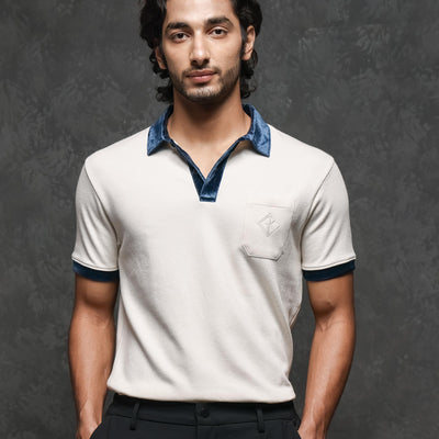 Rare Rabbit Men's Danil Off-White Cotton Fabric Contrast Detailing Velvet Collar And Sleeve Half Sleeve Polo T-Shirt