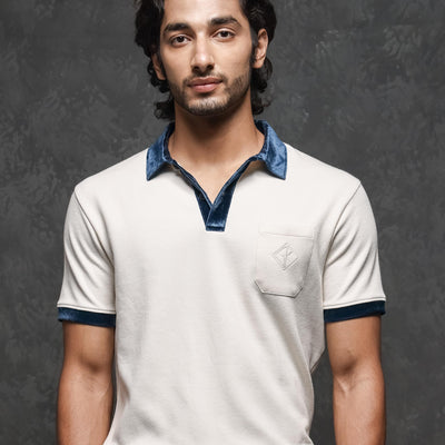 Rare Rabbit Men's Danil Off-White Cotton Fabric Contrast Detailing Velvet Collar And Sleeve Half Sleeve Polo T-Shirt