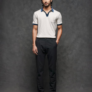 Rare Rabbit Men's Danil Off-White Cotton Fabric Contrast Detailing Velvet Collar And Sleeve Half Sleeve Polo T-Shirt