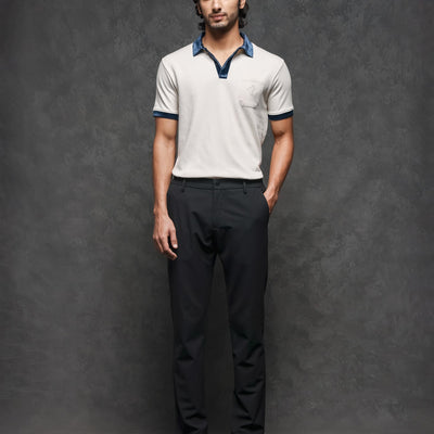 Rare Rabbit Men's Danil Off-White Cotton Fabric Contrast Detailing Velvet Collar And Sleeve Half Sleeve Polo T-Shirt