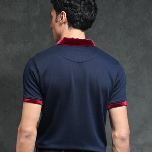 Rare Rabbit Men's Danil Navy Cotton Fabric Contrast Detailing Velvet Collar And Sleeves Half Sleeve Polo T-Shirt