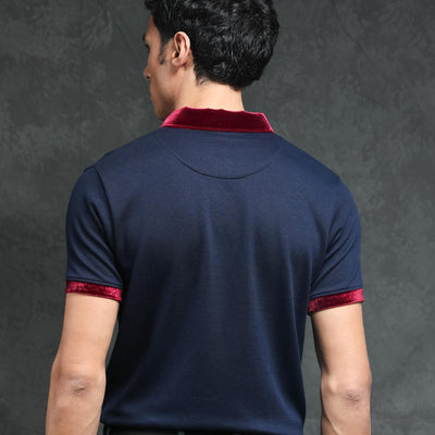 Rare Rabbit Men's Danil Navy Cotton Fabric Contrast Detailing Velvet Collar And Sleeves Half Sleeve Polo T-Shirt