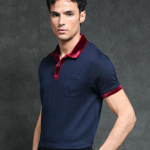 Rare Rabbit Men's Danil Navy Cotton Fabric Contrast Detailing Velvet Collar And Sleeves Half Sleeve Polo T-Shirt