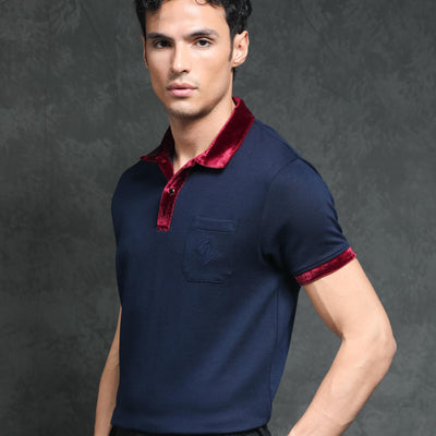 Rare Rabbit Men's Danil Navy Cotton Fabric Contrast Detailing Velvet Collar And Sleeves Half Sleeve Polo T-Shirt