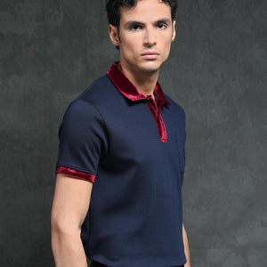 Rare Rabbit Men's Danil Navy Cotton Fabric Contrast Detailing Velvet Collar And Sleeves Half Sleeve Polo T-Shirt