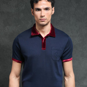 Rare Rabbit Men's Danil Navy Cotton Fabric Contrast Detailing Velvet Collar And Sleeves Half Sleeve Polo T-Shirt