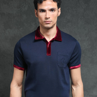 Rare Rabbit Men's Danil Navy Cotton Fabric Contrast Detailing Velvet Collar And Sleeves Half Sleeve Polo T-Shirt