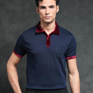 Rare Rabbit Men's Danil Navy Cotton Fabric Contrast Detailing Velvet Collar And Sleeves Half Sleeve Polo T-Shirt