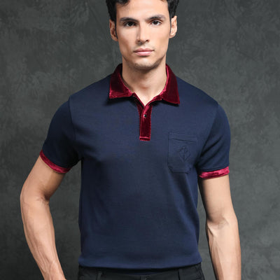 Rare Rabbit Men's Danil Navy Cotton Fabric Contrast Detailing Velvet Collar And Sleeves Half Sleeve Polo T-Shirt