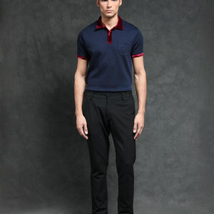 Rare Rabbit Men's Danil Navy Cotton Fabric Contrast Detailing Velvet Collar And Sleeves Half Sleeve Polo T-Shirt