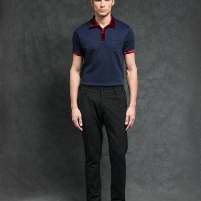 Rare Rabbit Men's Danil Navy Cotton Fabric Contrast Detailing Velvet Collar And Sleeves Half Sleeve Polo T-Shirt
