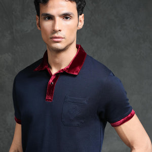 Rare Rabbit Men's Danil Navy Cotton Fabric Contrast Detailing Velvet Collar And Sleeves Half Sleeve Polo T-Shirt