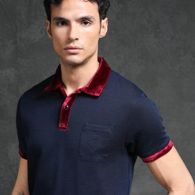 Rare Rabbit Men's Danil Navy Cotton Fabric Contrast Detailing Velvet Collar And Sleeves Half Sleeve Polo T-Shirt