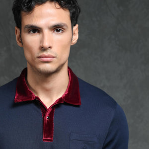 Rare Rabbit Men's Danil Navy Cotton Fabric Contrast Detailing Velvet Collar And Sleeves Half Sleeve Polo T-Shirt