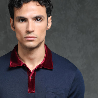 Rare Rabbit Men's Danil Navy Cotton Fabric Contrast Detailing Velvet Collar And Sleeves Half Sleeve Polo T-Shirt