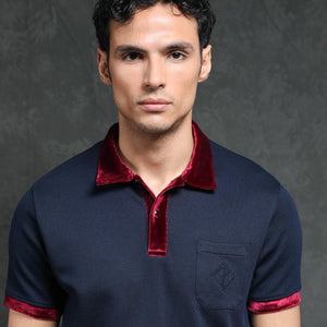 Rare Rabbit Men's Danil Navy Cotton Fabric Contrast Detailing Velvet Collar And Sleeves Half Sleeve Polo T-Shirt
