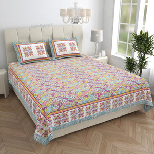 Fresh & Frisky Colourful Dales Blue and Gracious Spread Grey Pure Cotton King Size Bedsheet Combo of 3