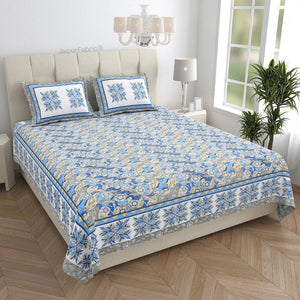 Fresh & Frisky Colourful Dales Blue and Gracious Spread Grey Pure Cotton King Size Bedsheet Combo of 3